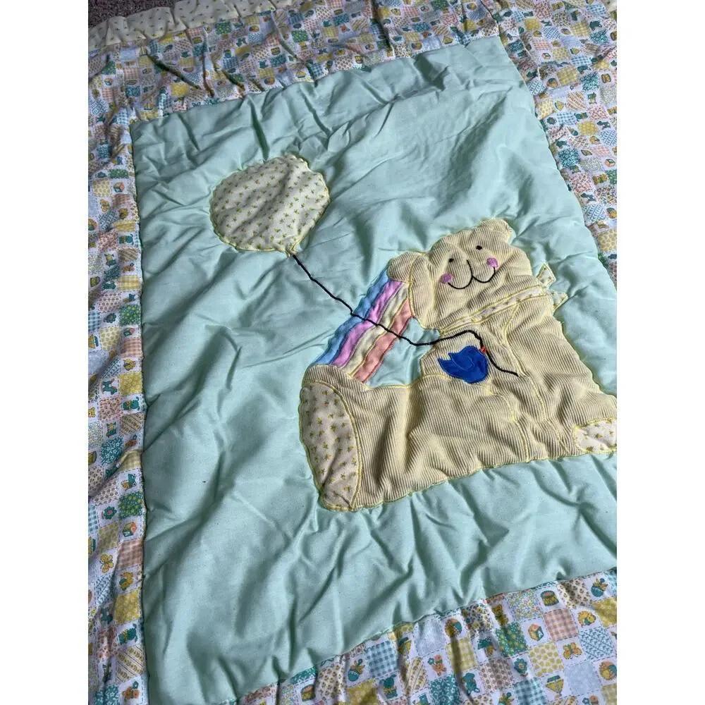 Vintage Corduroy Teddy Bear Balloons Baby Quilt Blanket Nursery Pastel 37 X 32in